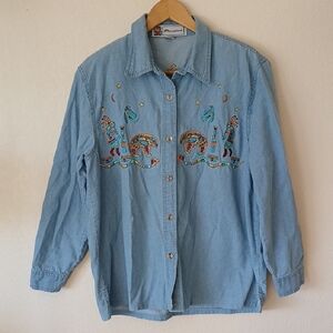 Vintage Passion Denim Button Up Southwestern Aztec Embroidery